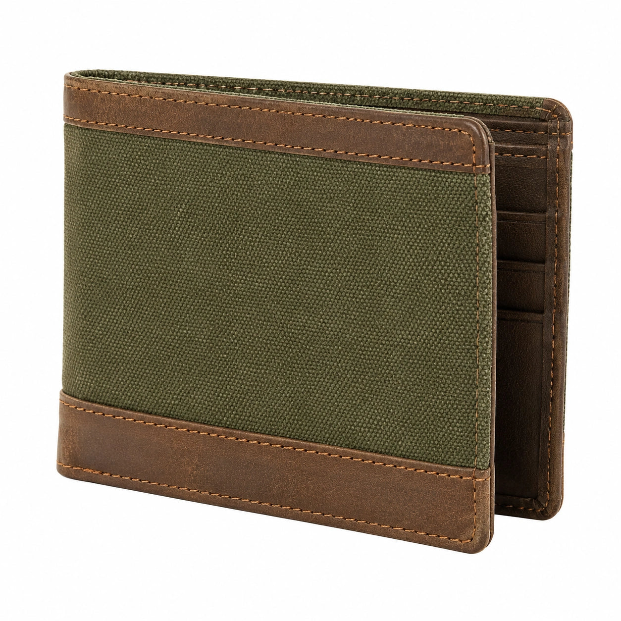 Geldbörse 12 x 9 x 2 cm aus Canvas und Leder in Olivgrün Braun - kompakte Faltgeldbörse mit Kartenfächern