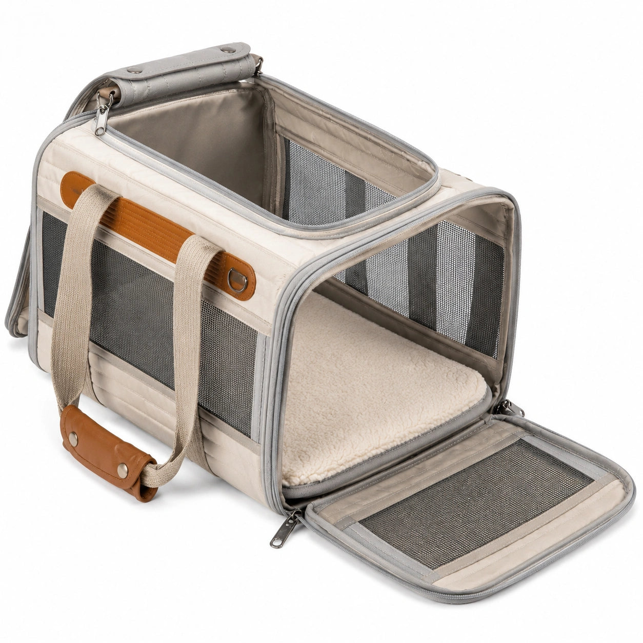 Haustier-Transporttasche 45 × 28 × 30 cm aus Textil in Beige Grau mit Netzfenstern und Tragegriffen