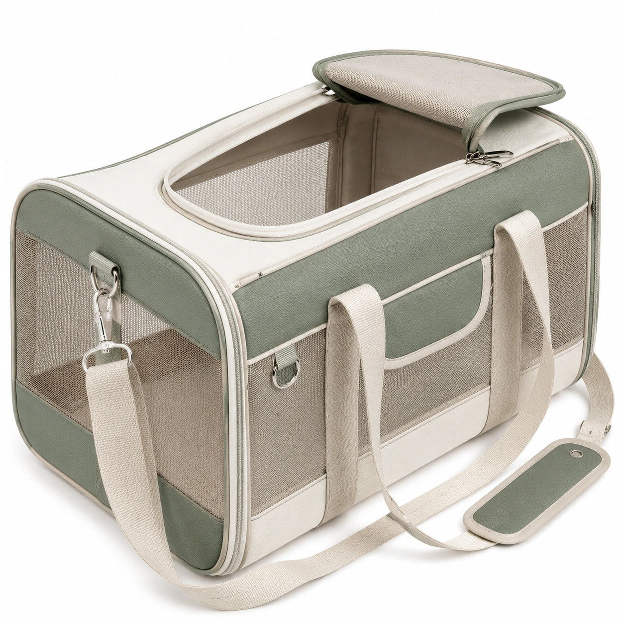 Tiertransporttasche 45 x 28 x 30 cm Textil Salbeigrün Cremeweiß mit Netzfenstern