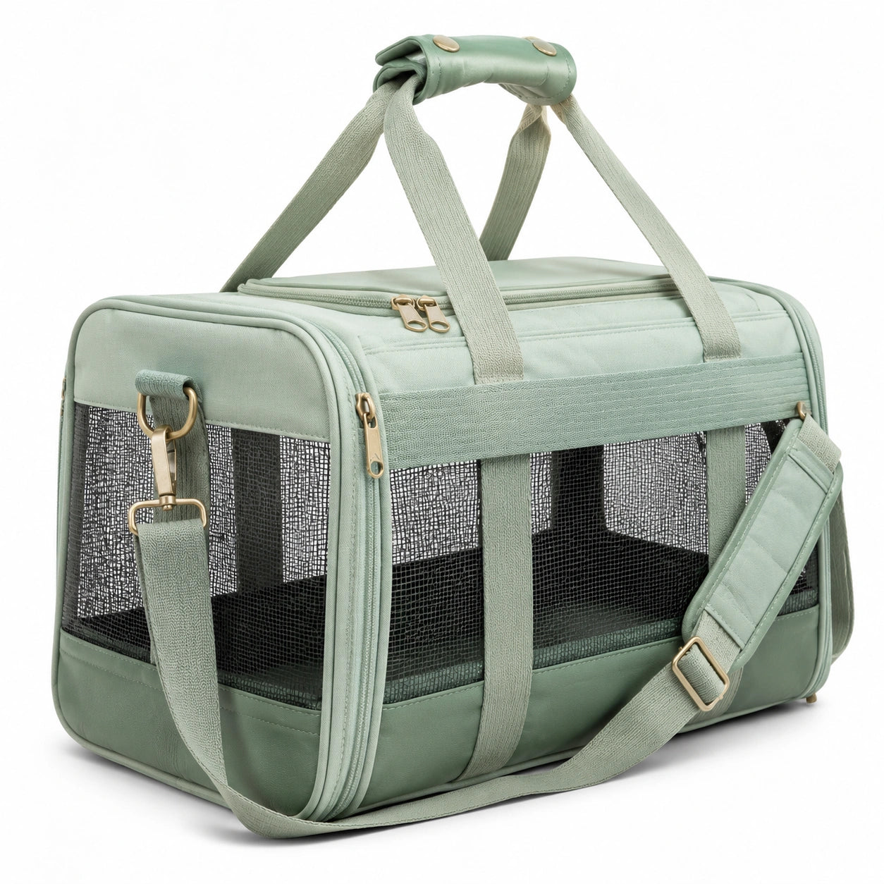 Haustier-Transporttasche 50 x 25 x 30 cm aus Textil in Salbeigrün mit Netzfenstern und Schultergurt