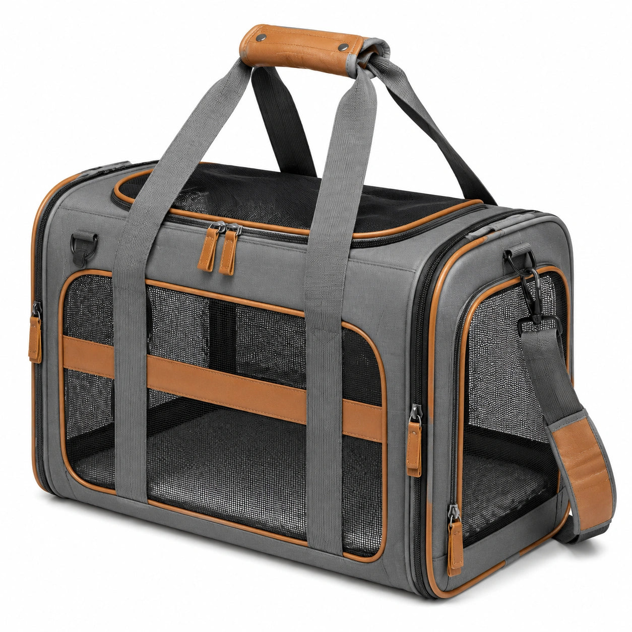 Haustier-Transporttasche 50 x 30 x 30 cm Textil Grau/Braun mit Netzfenstern