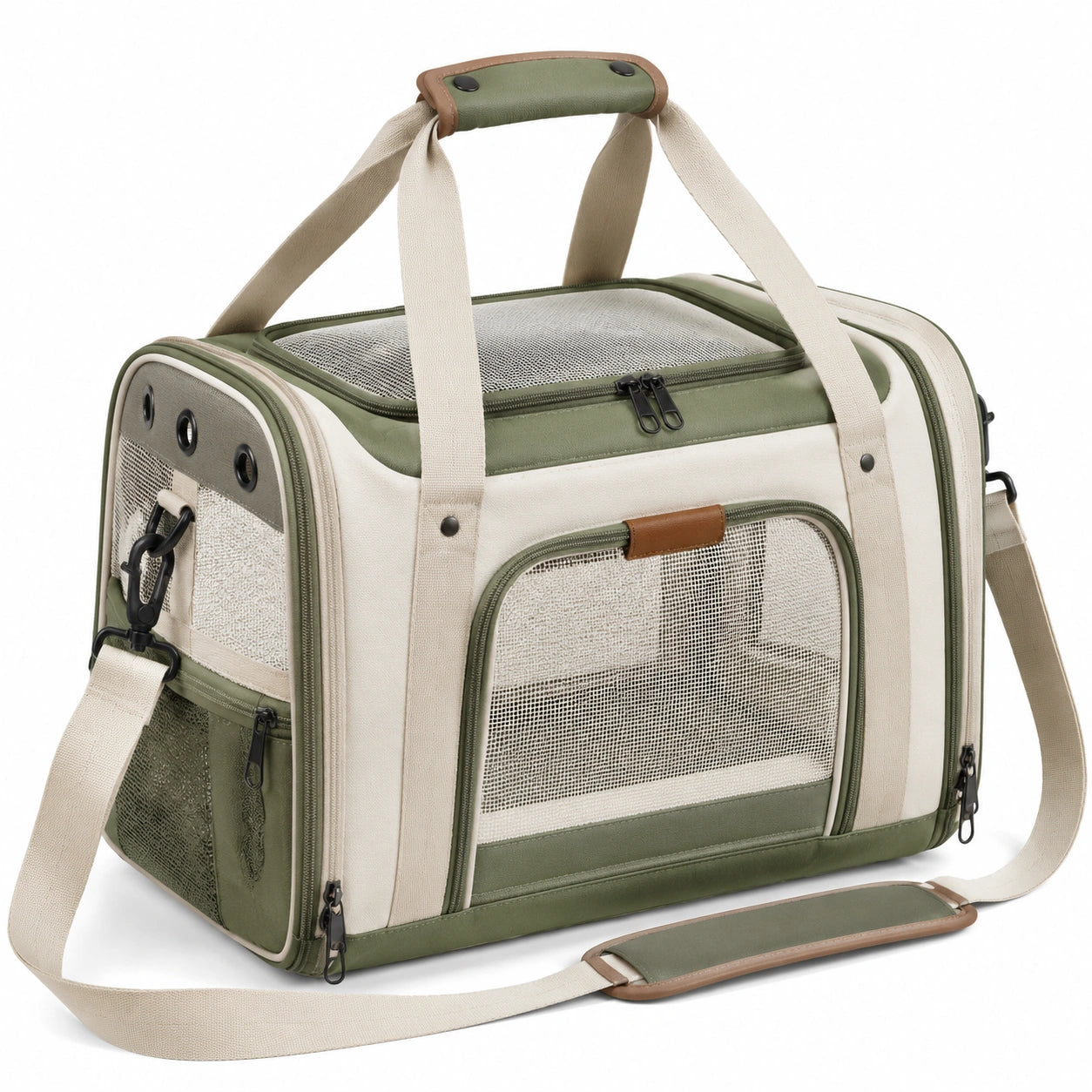 Transporttasche für Kleintiere 45 x 28 x 30 cm aus Textil in Grün Beige mit Netzfenstern und Schultergurt