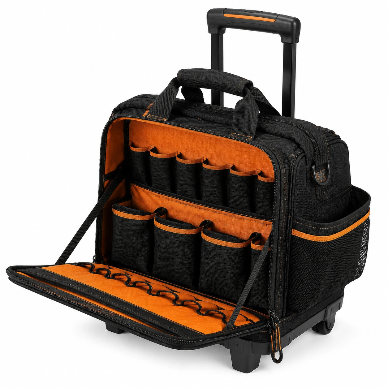 Werkzeugtrolley 45 x 25 x 40 cm aus Textilgewebe Schwarz Orange mit Rollen und Teleskopgriff