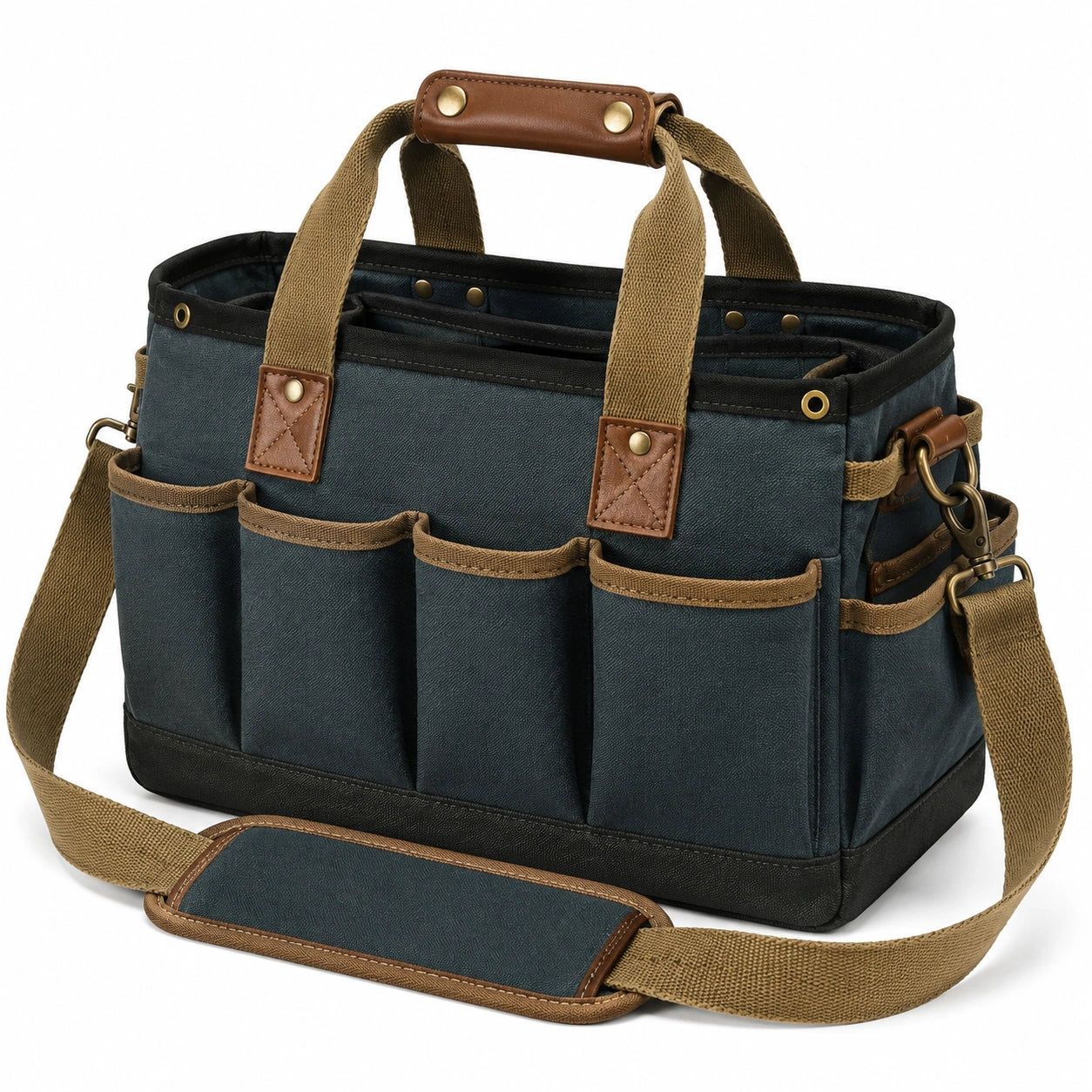 Werkzeugtasche 38 x 18 x 30 cm aus Textilgewebe Blau Braun mit Schultergurt und Außenfächern